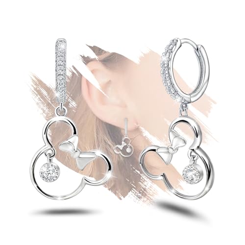 Sterling Silver Mouse Earrings Hypoallergenic Sparkly Cubic Zirconia Cute Animal Loop Earrings for Sensitive Ears Lightweight Adorable Bow Dangle Hoop Earring Gifts for Women Daughter Granddaughter