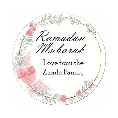 Personalised Eid Mubarak & Ramadan Muslim Hajj Celebration - 35 Stickers Labels (Design 1 - Leaf) (Pink Floral) Cover
