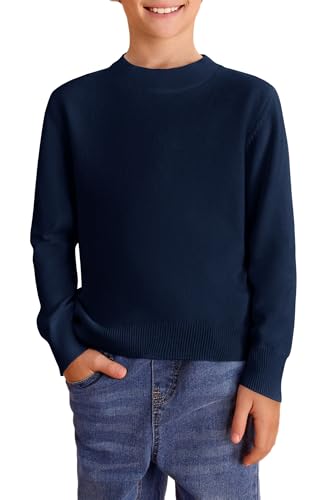 Haloumoning Jersey de punto para niños con cuello redondo y manga larga, suéter suave y ligero básico de un solo color, sudadera casual, azul oscuro, 13-14 años