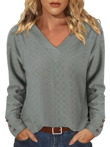 KISSMODA Long Sleeve Fall Shirts For Women V Neck Tunic Tops Embroidered Button Down Knitted Blouses 2025