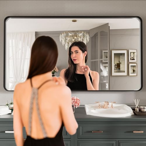 LOAAO Black Metal Framed Bathroom Mirror for Wall, Large 55X30 Inch Rounded Rectangle Mirror, Matte Black Bathroom Vanity Mirror Farmhouse, Anti-Rust, Tempered Glass, Hangs Horizontally or Vertically