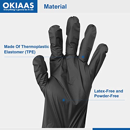 OKIAAS Black Disposable Gloves M|TPE Hybrid Plastic, Loose-Fitting, Latex Free|For Food Handling, Household Cleaning, Hair Dying and More|Medium, 100 Counts/Box
