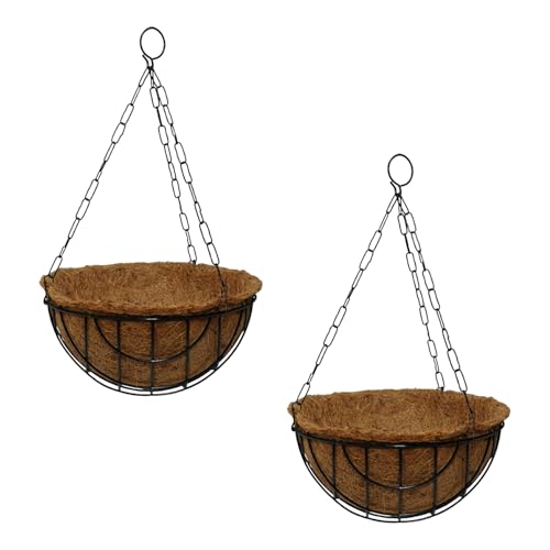 BonKaso 10-Inch Coir Hanging Basket with Metal Chain (Set of 2) | Coco Liner Hanging Planter for Balcony, Garden, Indoor & Outdoor Use | Decorative Hanging Pot for Plants (Brown)