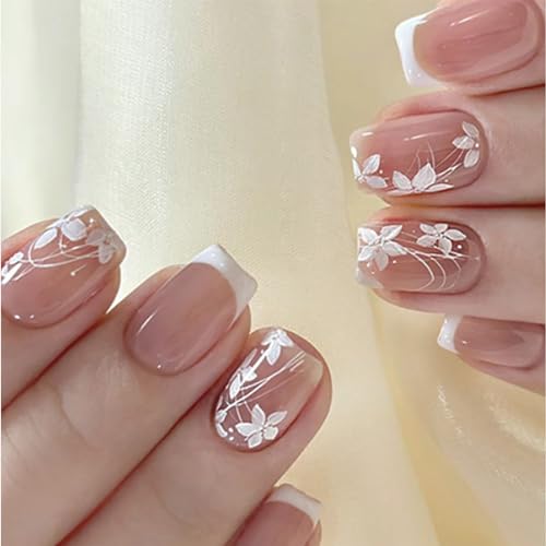 French Tip Press on Nails Short Square Flowers Fake Nails with De...