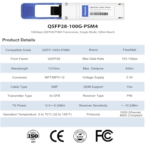 Image of 100G QSFP28 PSM4 Compatible for Arista QSFP-100G-SR4 100GBASE-PSM4 QSFP28 Optical Transceiver Module 1310nm 500m DOM MTP /MPO SMF