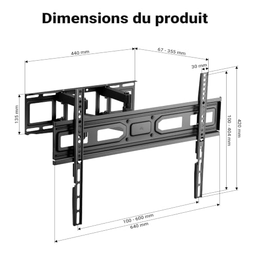 Toboli Support TV mural Écrans 37 à 80 pouces Bras pivotant 120° Inclinable Rotatif Dispositif Support Orientable Meuble - vue 4