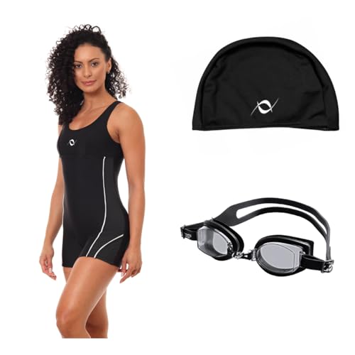 Kit Macaquinho Natação Hidroginástica Com Touca Helanca E Óculos Uv (Preto/Branco - Touca Preta, G)