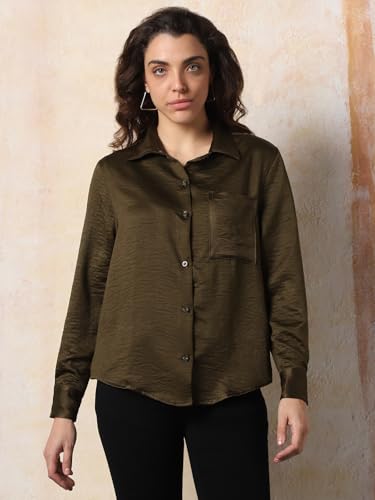 Image of High Star Women Boxy Spread Collar Long Sleeves Solid Shirts 43