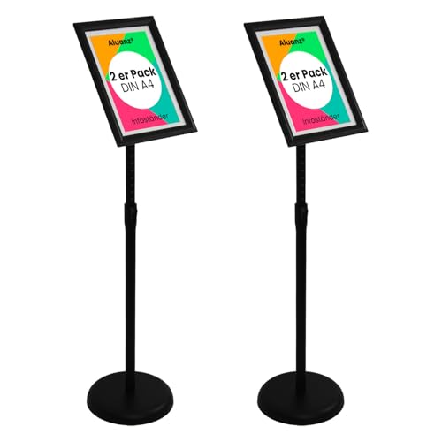Aluanz Infoständer Höhenverstellbar Schwarz - 2 Stücks - Informationsständer A4, Bodenständer aus Aluminium, Drehbarer Präsentationsständer, Plakatständer - Höhe 70-125 cm