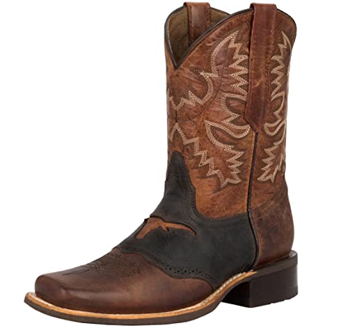 Texas Legacy Mens Cognac Western Leather Cowboy Boots Longhorn Bull Square Toe