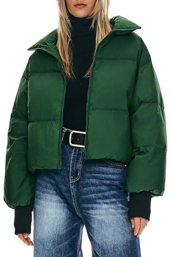 Orolay Puff-O Women's Winter Oversized Cropped Puffer Jacket Zip Up Short Down Coat Stand Collar Baggy Overcoat Green Medium
