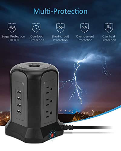 Power Strip Tower Surge Protector, Superdanny Desktop Charging Station, 10 Ft Extension Cord, 9 Outlets, 4 Usb Ports, 1080 Joules, 3-Prong, Grounded, Multiple Protections For Home, Office, Black #TOP2