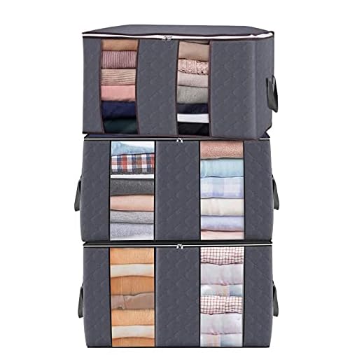 3pcs Bolsa de Almacenamiento de Ropa de Grande Capacidad con compartimento, Caja Almacenaje Ropa con Asa Reforzada y Cremallera Robusta para Edredones, Mantas, Bolsas de Transpirable 60x35x43cm (Gris)