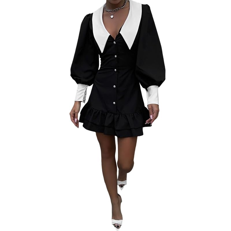 QUECY Women's Sexy Black Ruffles Elegant Summer Winter Outfit V-Neck Slim Mini Dress