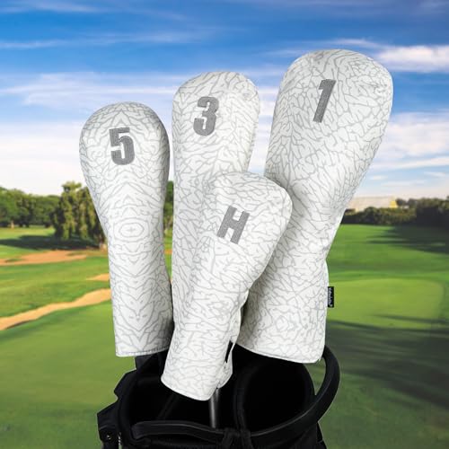 Golf Head Covers for Drivers, Fairway #3 Hybrid for Club, Golf Club Covers for Men and Women, Premium Embroidered PU Leather, Double Elastic Band,White & Grey Elephant Prints (3pcs)