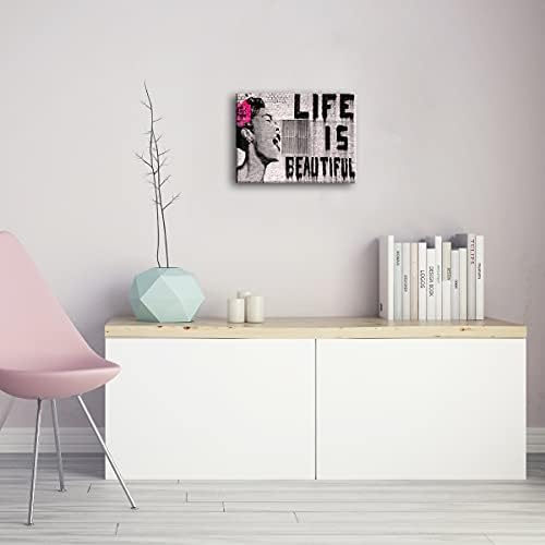 Wieco Art Canvas Prints of Banksy Life is Beautiful Modern Stretched and Framed Giclee Artwork Grey Love Pictures Paintings on Canvas Wall Art for Bedroom Home Office Decorations