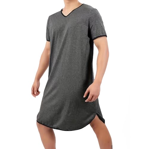 Chemise de Nuit Homme Coton Pyjama Manches Courtes Hauts de Pyjama Homme Tee-Shirt Long Col V Vêtements d'Intérieur T-Shirt Grande Taille Douce Confortable Pyjamas