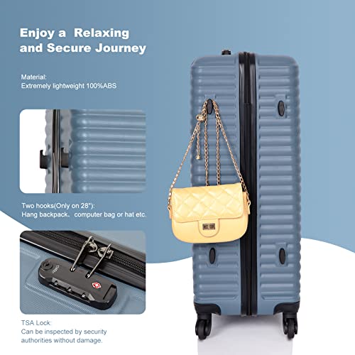 3 Piece ABS Luggage Sets with 2 Hooks, Durable Suitcase Sets with Wheels and TSA Lock, 3 Piece - Hard Case Suitcase Sets, (20''/24''/28'') (Blue)3