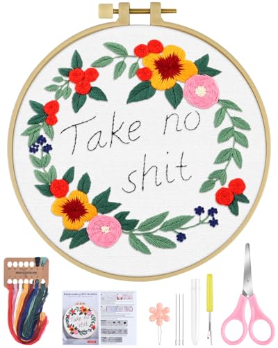 ERKOON Embroidery Kit for Beginners, Flower Cross Stitch Set for Include Embroidery Cloth Hoops Threads for Craft Lover Hand Stitch with Embroidery Skill Techniques (Happiness Wreath)