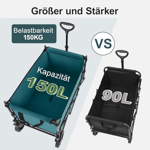 Sekey XXL Bollerwagen Faltbar Kinder 150L 150KG, Faltbarer Bollerwagen mit Dach Klappbarer Handwagen mit Sonnenschutz für Ausflug Strand Camping, Dach-S 4018, Grün