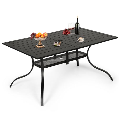 Image of Patio Dining Table, 60 inch x 37 inchOutdoor Rectangular Metal Table,1.57 inch Umbrella Hole, for Backyards, Porches, Gardens or Poolside, Black