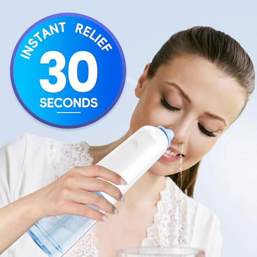 Image of Dual Powered Nasal Irrigation System Nasal Rinse & Wash | Quick Relief of Nasal Discomfort with 30 Salt Packets, 2 Sets of Nose Pillows, Rechargeable, 2-Year Service Support
