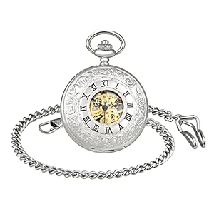 MICGIGI-Unisex Pocket Watch Mechanical Hand-Wind Classic Analogue Skeleton Pocket Fob Watches with Chain