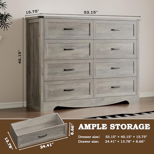 Image of BORNOON 8-Drawer Dresser for Bedroom, Modern Wooden Chest of Drawers with Metal Handles, Anti-Tipping Design, Sturdy and Stable Storage Organizer for Living Room, Entryway, Home Office