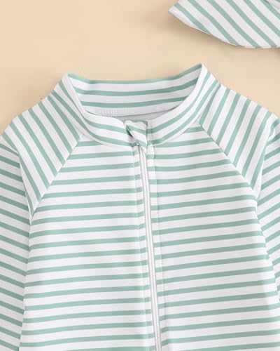 UV Kleidung Baby Badeanzug mit Hut Gr 62-98, Langarm UV Schutzkleidung Schwimmanzug Baby Mädchen Junge, Kleinkind Einteiliger UV Badebekleidung Shirt, Grüner Streifen 1-2 Jahre/80-86