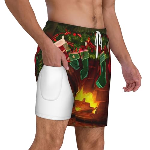 Merry Christmas Print Men's Double Layer Swim Trunks,Athletic Beach Shorts,Adjustable Drawstring Waist3