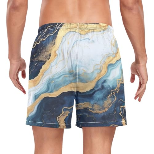 2 in 1 Mens Gold Blue Marble Swim Trunks 4.7 Inch Swim Shorts Swim Suits Board Shorts（307）3