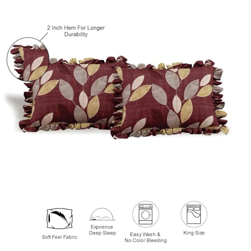 Image of King Size Fitted Bedsheet for Double Bed | 300 TC Cotton Feel Microfiber | All Around Elastic with 2 Frill Pillow Covers | Soft & Durable | (WINEFrill, Fitted - 72 x 78 Inch King)
