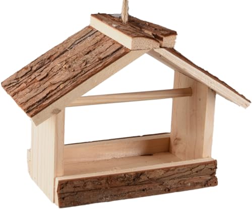 Comedero pájaros Exterior Loo – casita de Madera Clara – Compacto y práctico con Cuerda Colgante – 23x11x11.6cm