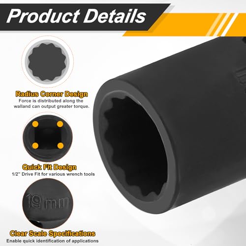 Image of HARFINGTON 2pcs 1 /2 inch Drive x 19mm Shallow Impact Socket 12-Point Metric CR-V Steel Spindle Nut Impact Flip Sleeve for Home Auto Nuts Bolts Repair