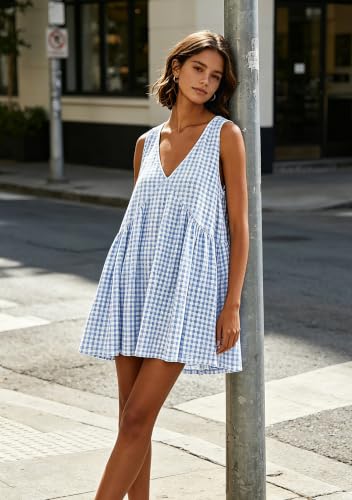 Image of Sleeveless Mini Dress for Women 2026 Summer Casual V Neck Sundress Loose Babydoll Dress with Pockets
