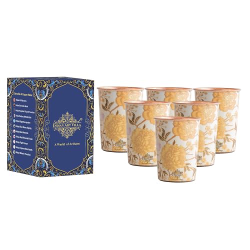 Image of INDIAN ART VILLA Copper Gold Flower Print Glass - 275 ML, Handcrafted Ayurvedic Copper Drinkware for Daily Use, Elegant Water Glass for Home, Office, and Special Gifting, Set of 6