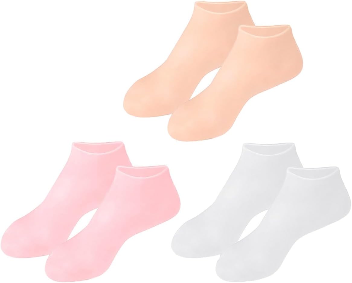 Cabilock 3 Pairs Moisturizing Foot Care Socks for Women – Protective Sebs Material, Anti-Crack Repair Socks Exfoliating and Hydrating Features, Includes White, Pink, and Beige for Dry