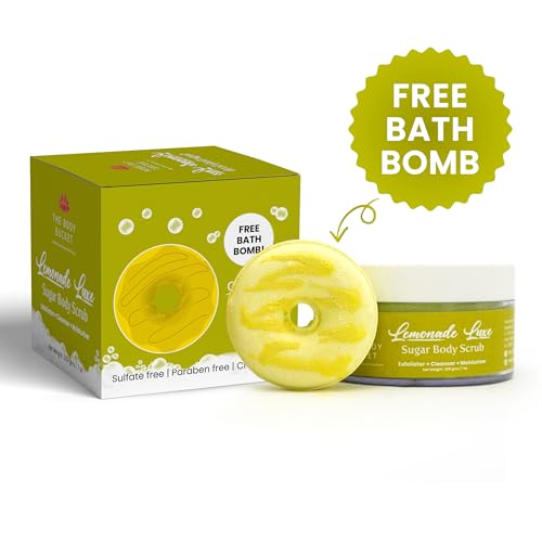 Image of The Body Bucket Lemonade Luxe Sugar Body Scrub- 200g | Included Free Bath Bomb | 3-in-1 Exfoliator, Cleanser, Moisturizer | De-Tan & Brightens Dark Areas| Smooths Strawberry Legs & Arms | Sulfate & Paraben Free