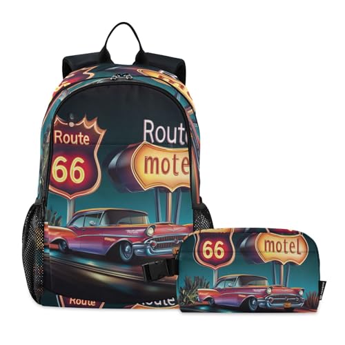 Kids Backpack Motel Route 66 School Bookbag with Lunch Bag for Boys Girls Preschool Kindergarten Elementary Laptop Daypack