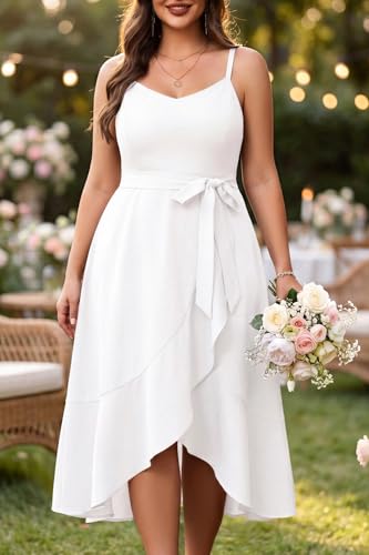 Image of Pinup Fashion Plus Size Cocktail Party Wedding Guest Semi Formal Midi Dress | Sexy V-neck, adjustable spaghetti strap, belted waist, fit and flare, flowy high-low ruffle hem, ideal for prom, homecoming