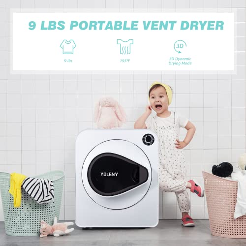 YOLENY Electric Portable Compact Laundry Dryer 1.6 cu.ft, 9 lbs Load Stainless Steel Portable Dryer, 4 Drying Mode, Cold Air Care, for Apartments, White