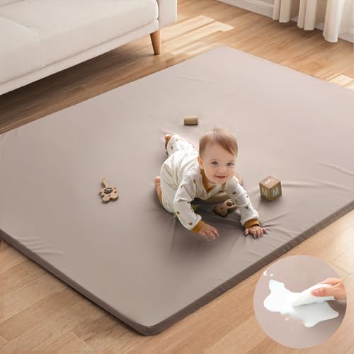 Image of Blissful Diary Vegan Leather Baby Play Mat, 71x59 Thicken Foam Cushioned & Waterproof Playpen Mat for Infants and Toddlers, Stylish and Just Wipe-Clean Playmat for Baby Play on Floor, Taupe