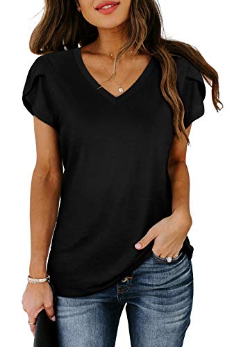 WIHOLL Womens Tops V Neck Summer Petal Sleeve Casual Tshirts2