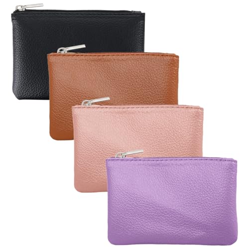 4 Pack Leather Zipper Coin Purse, Portable PU Leather Coin Purse,Mini Coin Pocket Pouch Change Holder, Coin Pouch with Zipper for Men Women Headset Credit Card ID Key Lipstick(4 color)