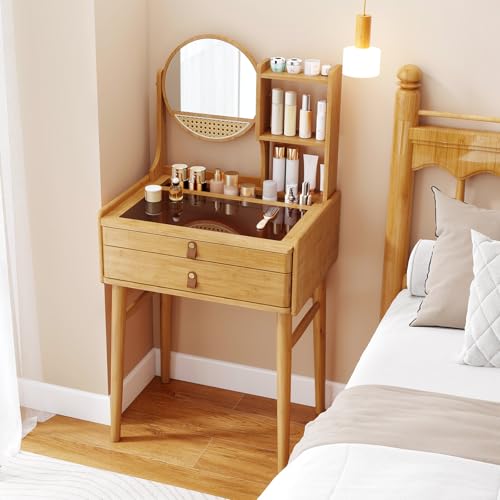 CHARMAID Small Vanity Desk with Mirror, Glass Top Bamboo Makeup Vanity Table with Storage Drawers & Shelves, Tabletop Groove, Rotatable Mirror, Compact Dressing Table for Bedroom Small Spaces, 23.5