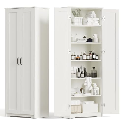 70 Tall White Storage Pantry Cabinet with 2 Doors and 6 Adjustable Shelves for Kitchen and Bathroom