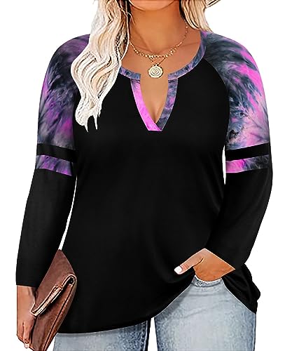 Image of CARCOS Plus Size Tops for Women Long Sleeve Fall Tunic Color Block Camo /Plaid /Leopard /Fall Blouse Crewneck Tshirt XL-5XL