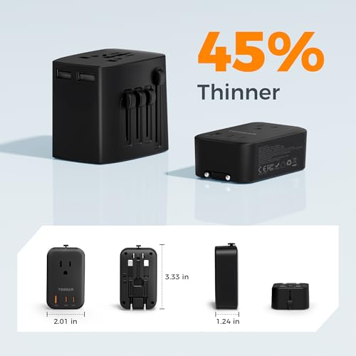 Image of TESSAN International Power Adapter PD 20W, Ultra Thin Universal Adapter, Worldwide Outlet Plug with 2 USB C 1 USB A for US to Europe UK Spain Australia France Germany Thailand (Type C G A I), Black