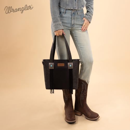 Image of Montana West Wrangler Cowhide Tote Bag for Women Western Tooling Handbag Leather Fringing with Turquoise Stone Concho