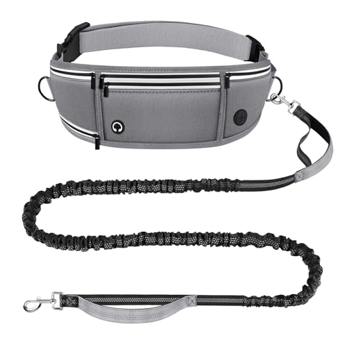 Looxmeer Joggingleine Hunde mit Bauchgurt, Freihändig Hundeleine für Große und Mittelgroße Hunde mit Dual Griffe, Reflektierende Laufleine Bauchgurt Hundeleine zum JoggenLaufen, 1.6-2.2M, Grau